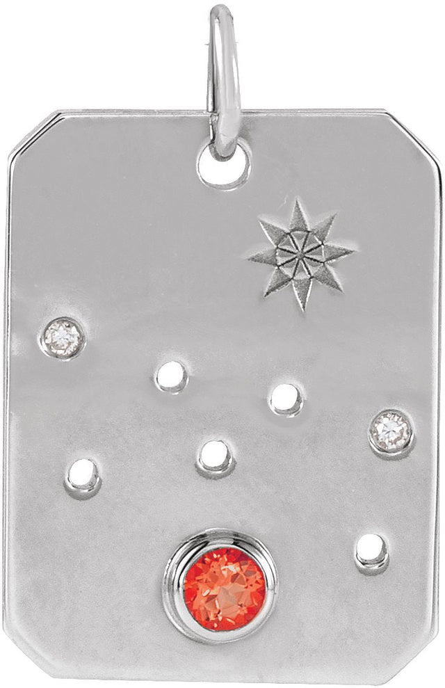 14K Gold Round Natural Mexican Fire Opal & Natural Diamond Zodiac Constellation Necklace or Pendant - White Gold