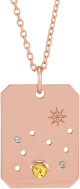 14K Gold Round Natural Citrine & Natural Diamond Leo Constellation Necklace or Pendant - Rose Gold