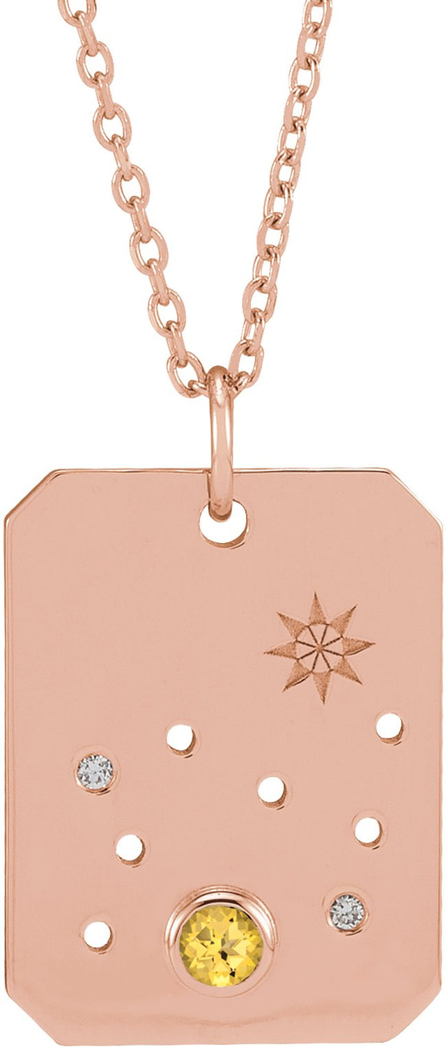 14K Gold Round Natural Citrine & Natural Diamond Leo Constellation Necklace or Pendant - Rose Gold