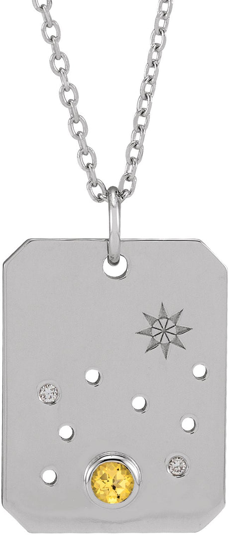 14K Gold Round Natural Citrine & Natural Diamond Leo Constellation Necklace or Pendant - White Gold