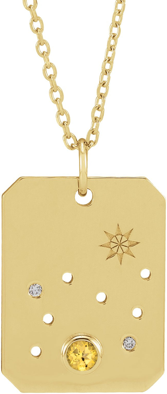 14K Gold Round Natural Citrine & Natural Diamond Leo Constellation Necklace or Pendant - Yellow Gold