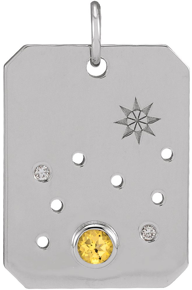 Platinum Round Natural Citrine & Natural Diamond Zodiac Constellation Necklace or Pendant