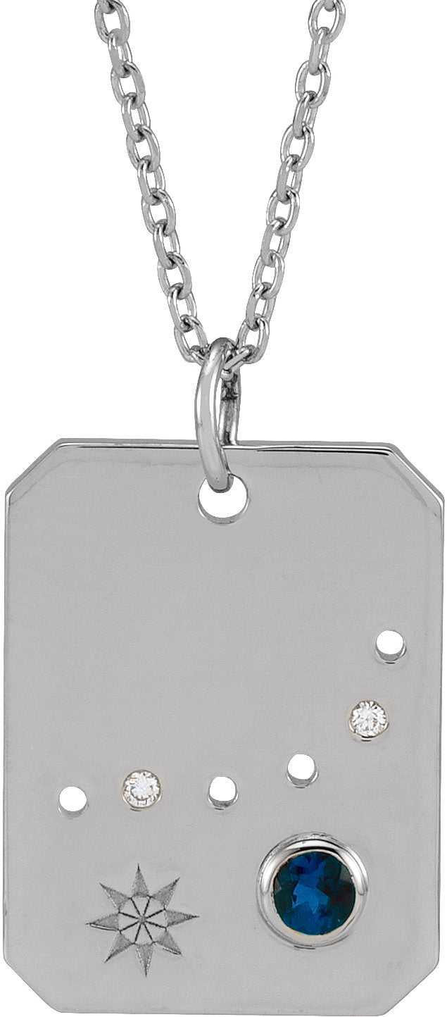 14K Gold Round Natural Blue Sapphire & Natural Diamond Capricorn Constellation Necklace or Pendant - White Gold
