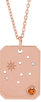 14K Gold Round Natural Spessartite Garnet & Natural Diamond Virgo Constellation Necklace or Pendant - Rose Gold