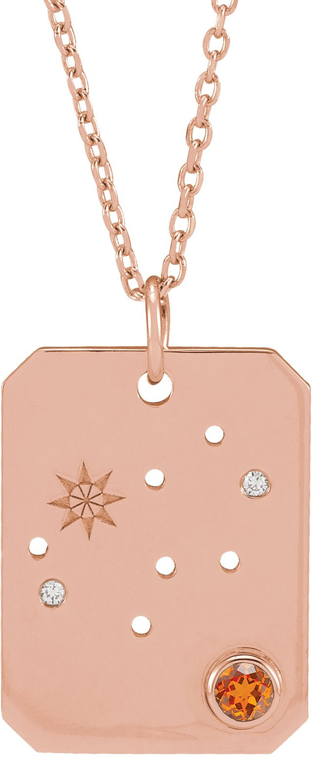 14K Gold Round Natural Spessartite Garnet & Natural Diamond Virgo Constellation Necklace or Pendant - Rose Gold