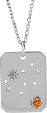 Platinum Round Natural Spessartite Garnet & Natural Diamond Virgo Constellation Necklace or Pendant