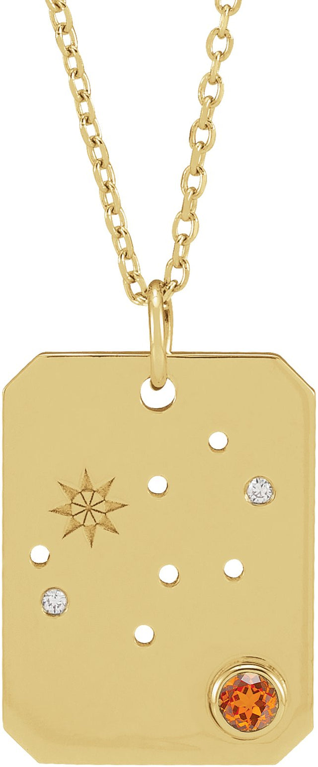 14K Gold Round Natural Spessartite Garnet & Natural Diamond Virgo Constellation Necklace or Pendant - Yellow Gold