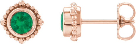 14K Gold Round Natural Emerald Beaded Halo-Style Stud Earrings - Rose Gold