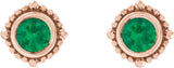 14K Gold Round Natural Emerald Beaded Halo-Style Stud Earrings - Rose Gold - view 2
