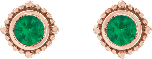 14K Gold Round Natural Emerald Beaded Halo-Style Stud Earrings - Rose Gold - view 2