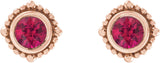 14K Gold Round Natural Ruby Beaded Halo-Style Stud Earrings - Rose Gold - view 2