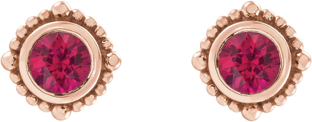 14K Gold Round Natural Ruby Beaded Halo-Style Stud Earrings - Rose Gold - view 2