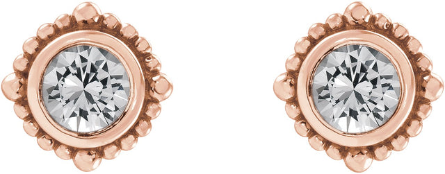 14K Gold Round Natural White Sapphire Beaded Halo-Style Stud Earrings - Rose Gold - view 2