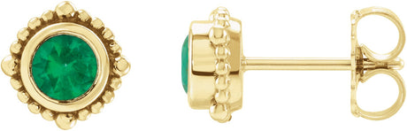 14K Gold Round Natural Emerald Beaded Halo-Style Stud Earrings - Yellow Gold