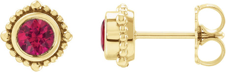 14K Gold Round Natural Ruby Beaded Halo-Style Stud Earrings - Yellow Gold