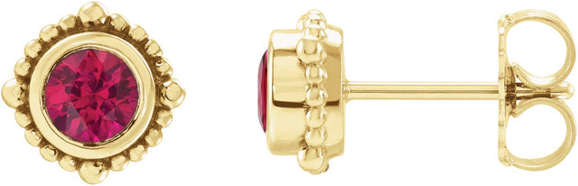 14K Gold Round Natural Ruby Beaded Halo-Style Stud Earrings - Yellow Gold