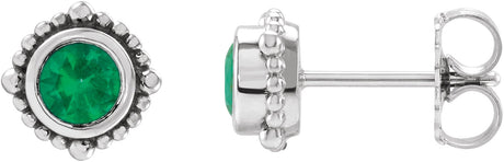 14K Gold Round Natural Emerald Beaded Halo-Style Stud Earrings - White Gold