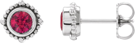 14K Gold Round Natural Ruby Beaded Halo-Style Stud Earrings - White Gold