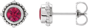 Platinum Round Natural Ruby Beaded Halo-Style Stud Earrings