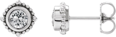 14K Gold Round Natural White Sapphire Beaded Halo-Style Stud Earrings - White Gold