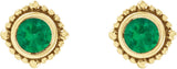 14K Gold Round Natural Emerald Beaded Halo-Style Stud Earrings - Yellow Gold - view 2