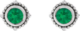 Platinum Round Natural Emerald Beaded Halo-Style Stud Earrings - view 2