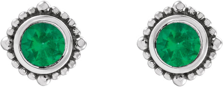 Platinum Round Natural Emerald Beaded Halo-Style Stud Earrings - view 2