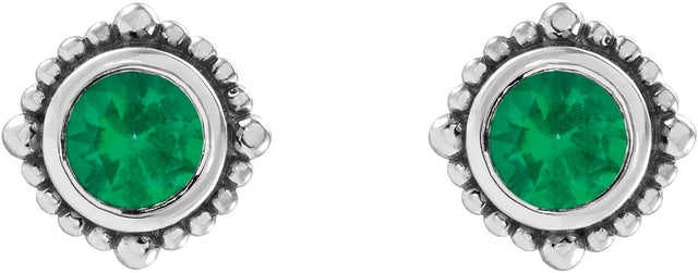 Platinum Round Natural Emerald Beaded Halo-Style Stud Earrings - view 2