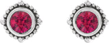 Platinum Round Natural Ruby Beaded Halo-Style Stud Earrings - view 2
