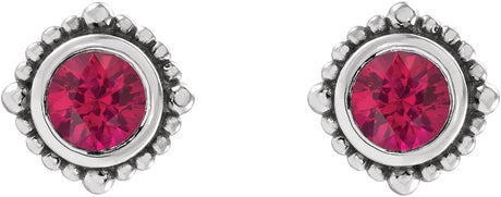 Platinum Round Natural Ruby Beaded Halo-Style Stud Earrings - view 2