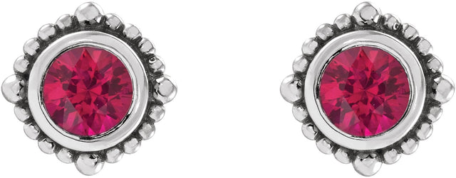Platinum Round Natural Ruby Beaded Halo-Style Stud Earrings - view 2