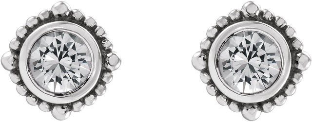 Platinum Round Natural White Sapphire Beaded Halo-Style Stud Earrings - view 2