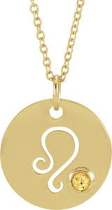 14K Gold Round Natural Citrine Leo Disc Necklace or Pendant - Yellow Gold