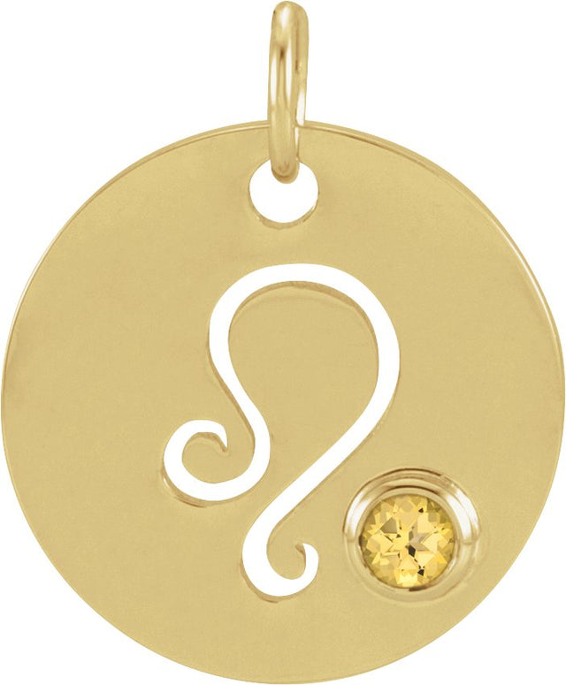 14K Gold Round Natural Citrine Zodiac Disc Necklace or Pendant - Yellow Gold