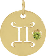 14K Gold Round Natural Peridot Zodiac Disc Necklace or Pendant - Yellow Gold