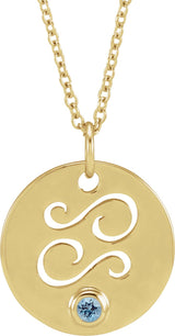 14K Gold Round Natural Aquamarine Cancer Disc Necklace or Pendant - Yellow Gold