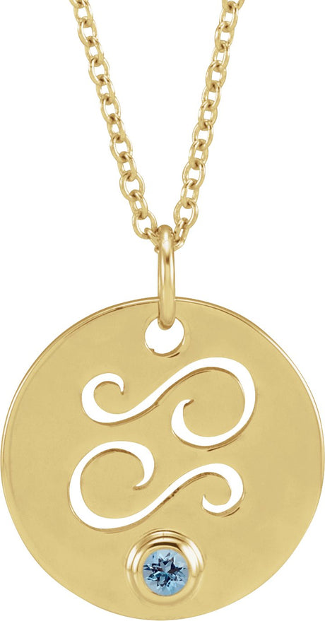 14K Gold Round Natural Aquamarine Cancer Disc Necklace or Pendant - Yellow Gold