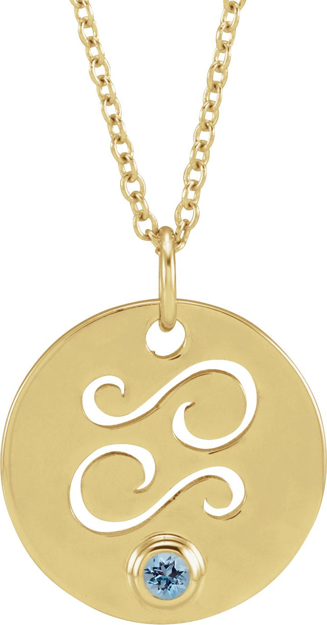 14K Gold Round Natural Aquamarine Cancer Disc Necklace or Pendant - Yellow Gold