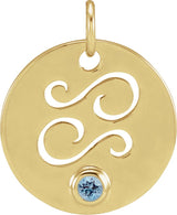 14K Gold Round Natural Aquamarine Zodiac Disc Necklace or Pendant - Yellow Gold