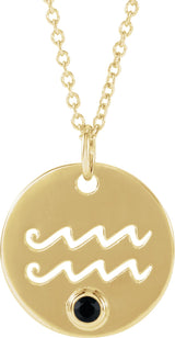 14K Gold Round Natural Black Spinel Aquarius Disc Necklace or Pendant - Yellow Gold