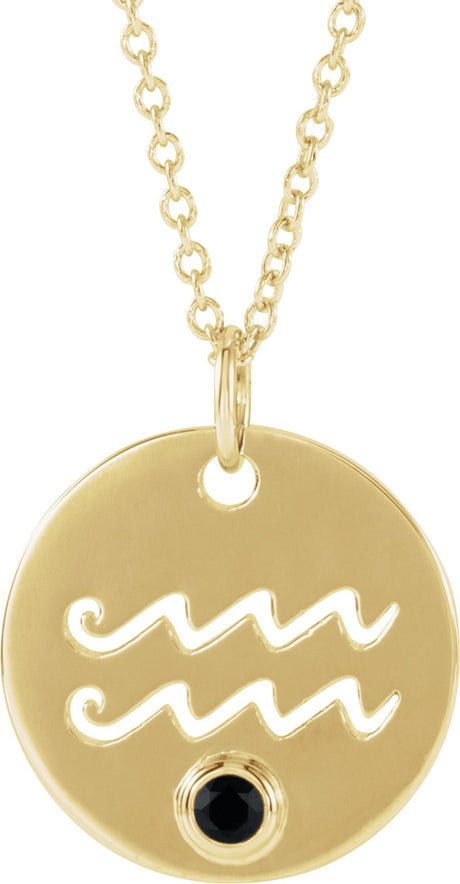 14K Gold Round Natural Black Spinel Aquarius Disc Necklace or Pendant - Yellow Gold
