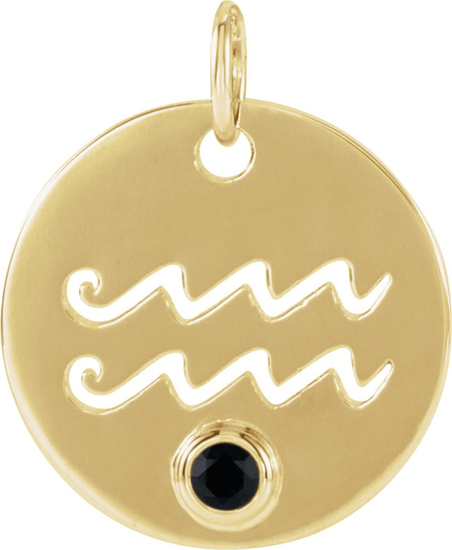 14K Gold Round Natural Black Spinel Zodiac Disc Necklace or Pendant - Yellow Gold