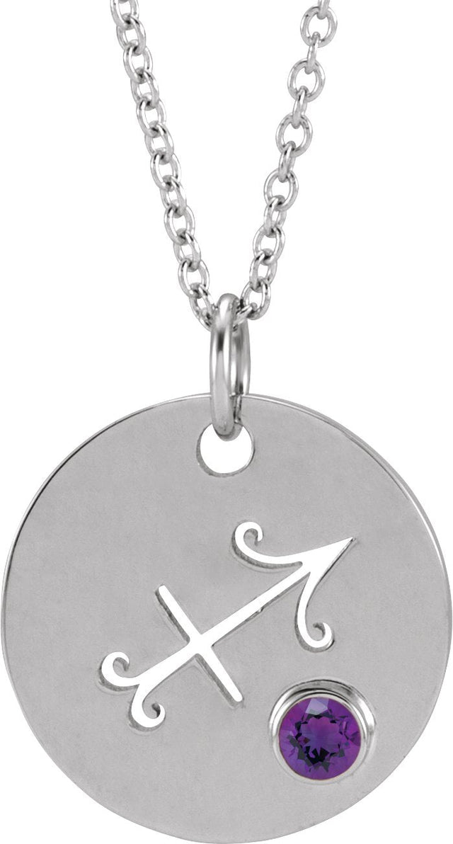 Platinum Round Natural Amethyst Sagittarius Disc Necklace or Pendant