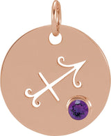 14K Gold Round Natural Amethyst Zodiac Disc Necklace or Pendant - Rose Gold
