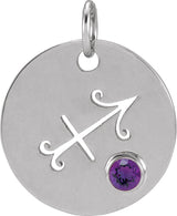 Platinum Round Natural Amethyst Zodiac Disc Necklace or Pendant