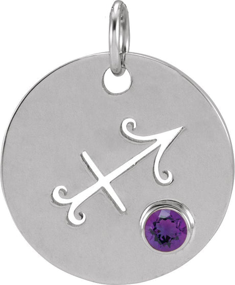 Platinum Round Natural Amethyst Zodiac Disc Necklace or Pendant