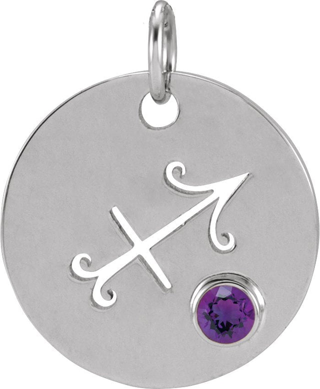 14K Gold Round Natural Amethyst Zodiac Disc Necklace or Pendant - White Gold