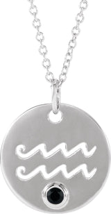 14K Gold Round Natural Black Spinel Aquarius Disc Necklace or Pendant - White Gold