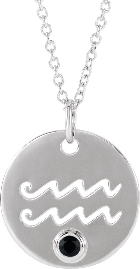 Platinum Round Natural Black Spinel Aquarius Disc Necklace or Pendant