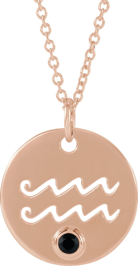 14K Gold Round Natural Black Spinel Aquarius Disc Necklace or Pendant - Rose Gold